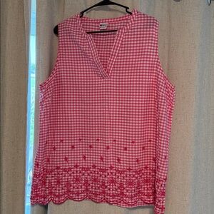 Pink Gingham Sleeveless Top with Embroidered Hem
